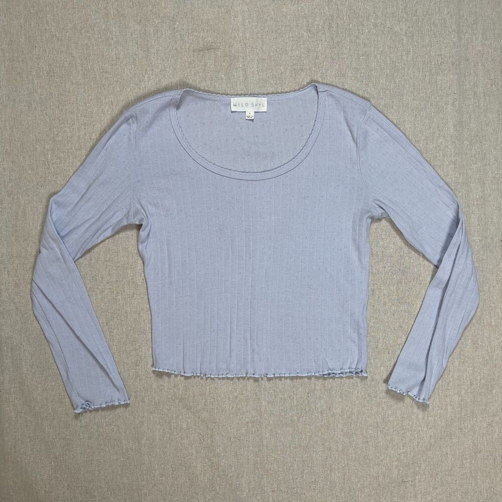 Wild Skye | Light Blue Long Sleeve Pointelle Cropped Top | Large